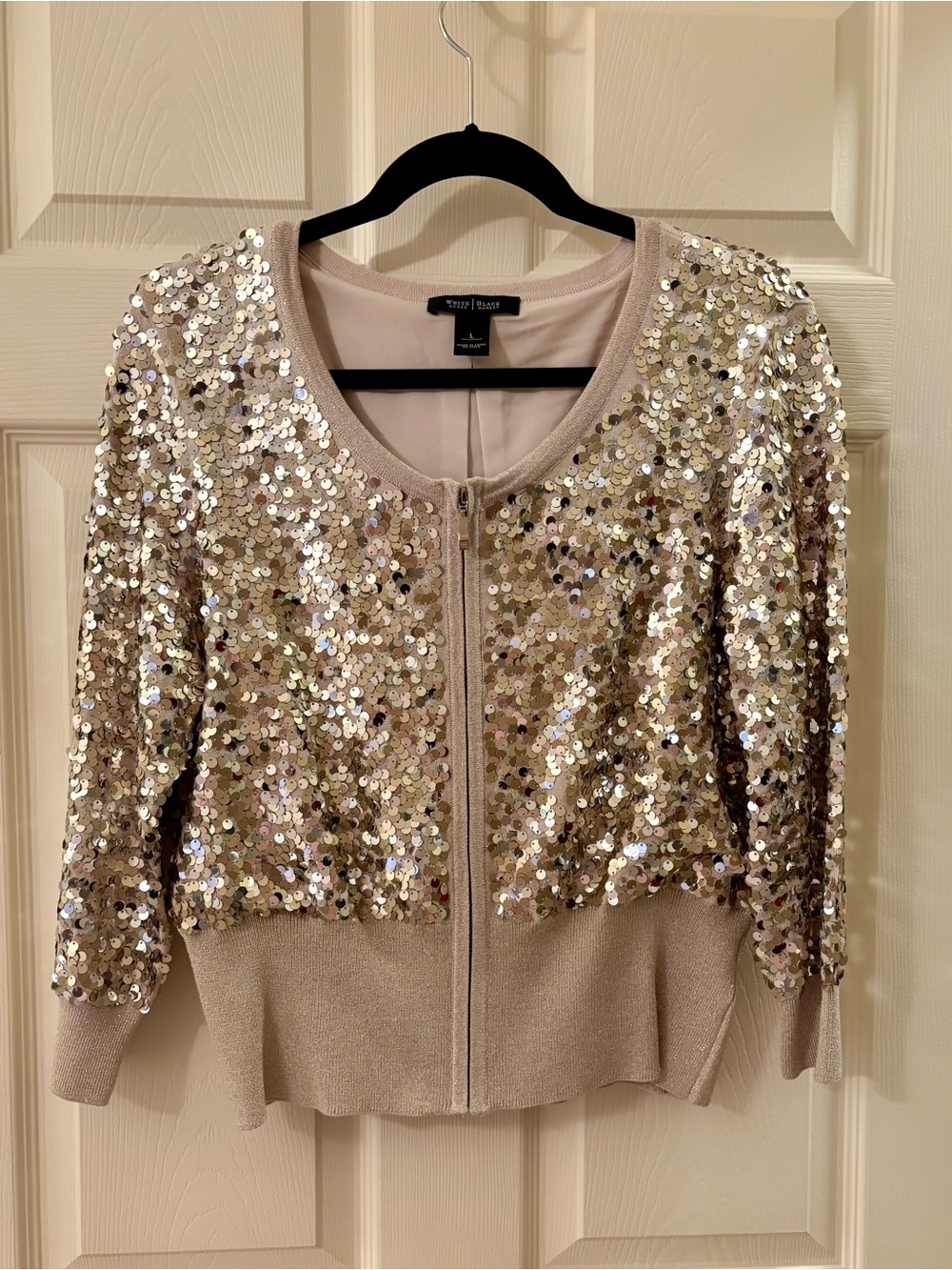 White House Black Market Champagne Sequin Zip Bomber Jacket